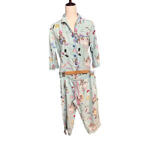 Nick & Nora 2 Piece Sock Monkey Womens Blue Cosmetics Makeup  Pajama Set Size S